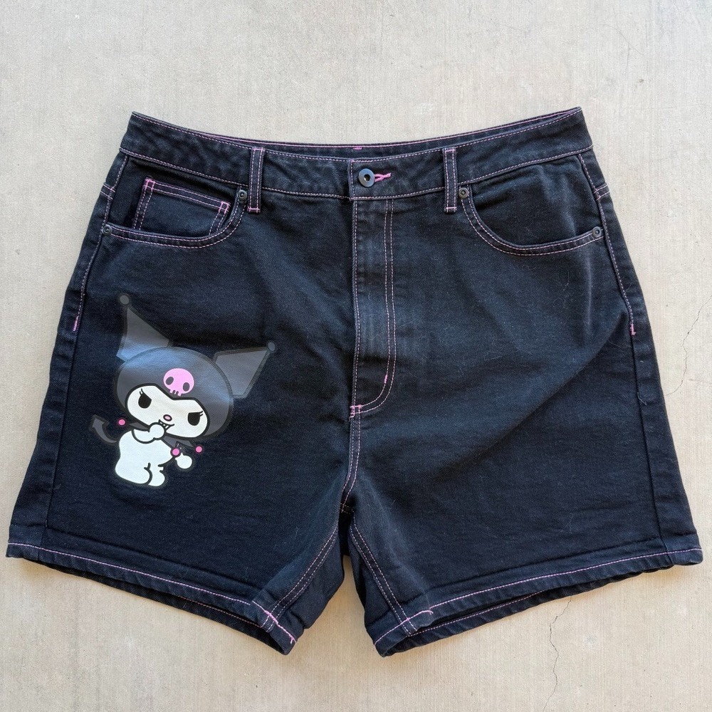 Kuromi Sanrio Black Denim Shorts Pink Stitch Y2K Emo Goth Women's 15‎